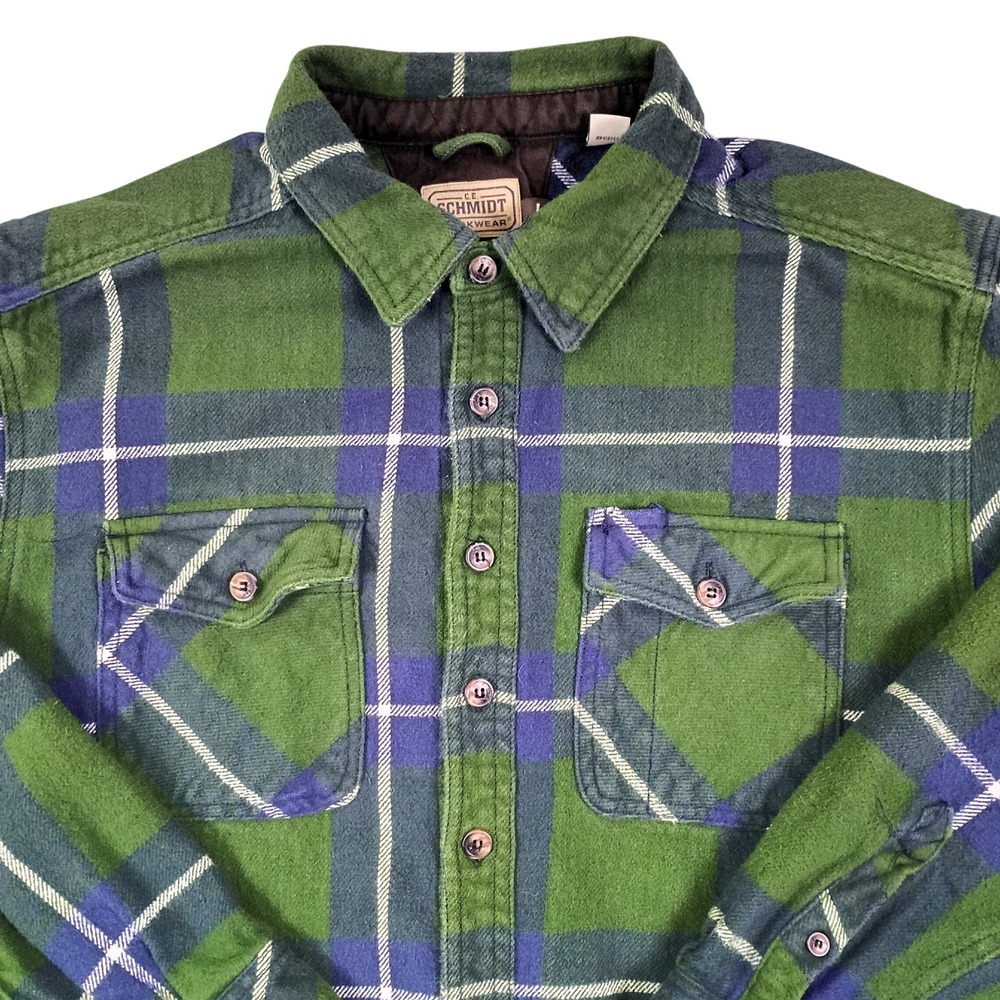 CE Schmidt Workwear Mens Green Blue Plaid Flannel Button Down‎ Shirt Large